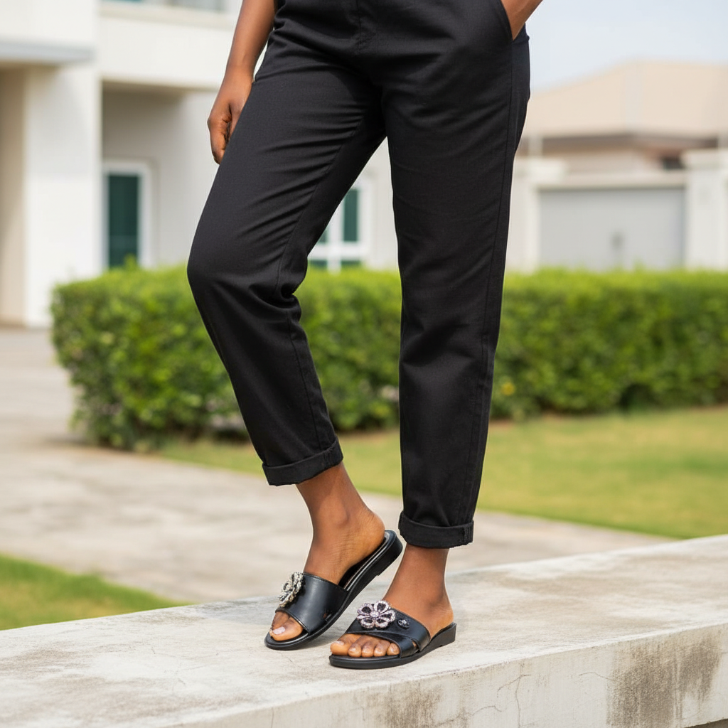 Nigerian female model wearing black flat slide sandals with gold charm – leg focus street style
