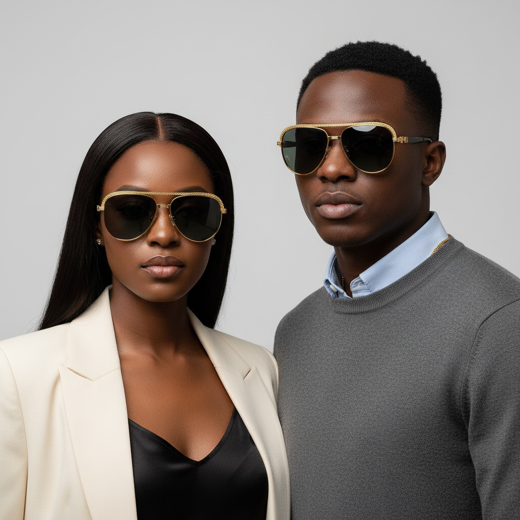 Nigerian female with sleek weavon and male model wearing luxury gold aviator sunglasses with braided brow bar and dark grey lens – editorial medium shot professional grey background