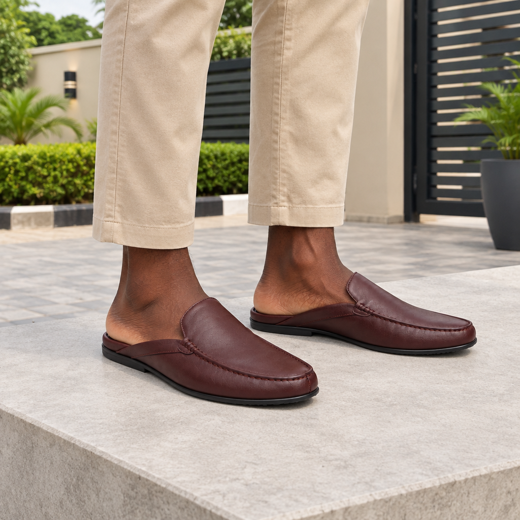 Man wearing burgundy brown backless mule slippers with beige chinos