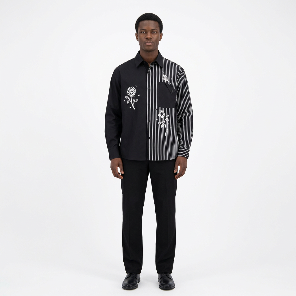 Full-body adult Black man wearing a black pinstripe rose-print shirt