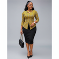 Black Nigerian model wearing the yellow plaid women’s skirt set