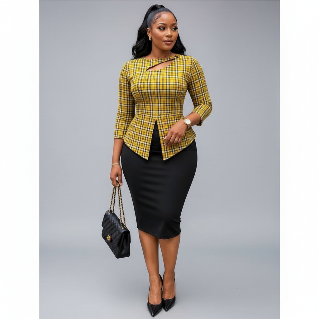 Black Nigerian model wearing the yellow plaid women’s skirt set