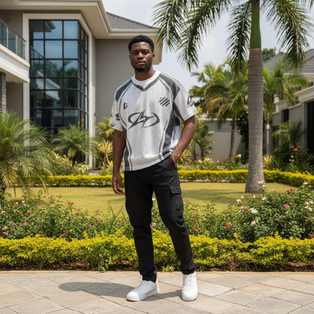 Men's White Black Graphic Print Knit Shirt – Nigerian Male Model Shot