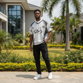 Men's White Black Graphic Print Knit Shirt – Nigerian Male Model Shot