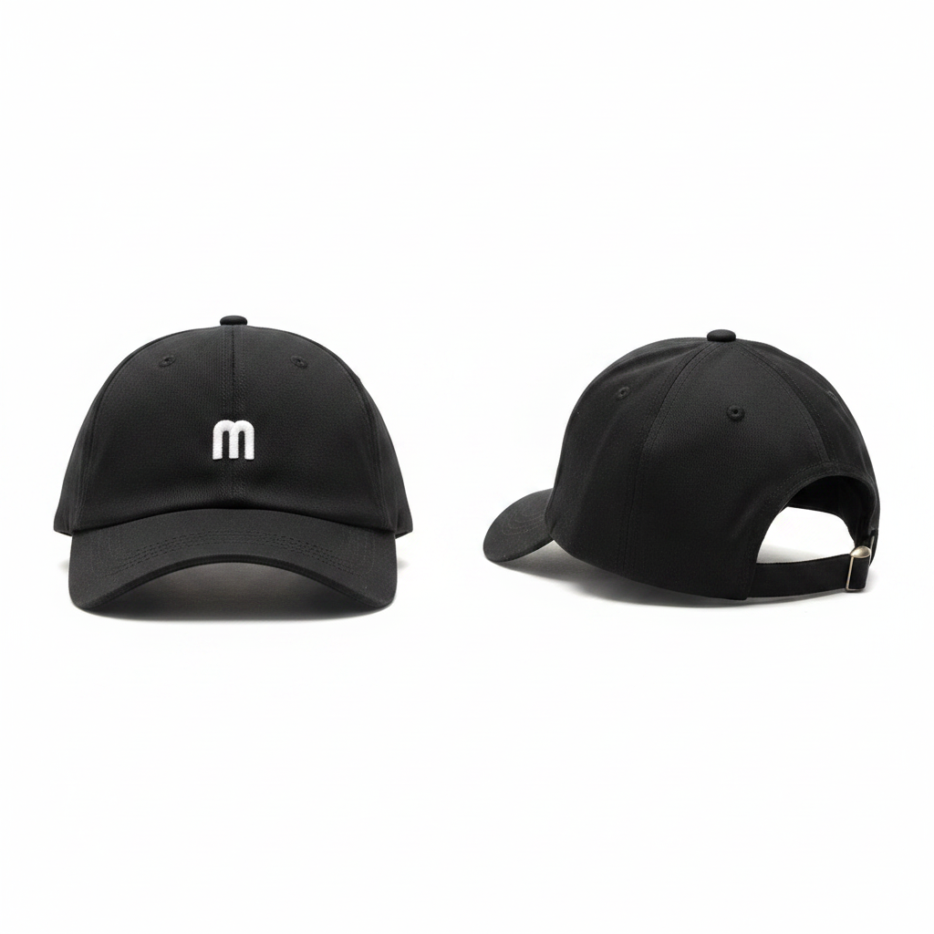 Black structured baseball cap with white minimal logo embroidery ghost mannequin front and side view