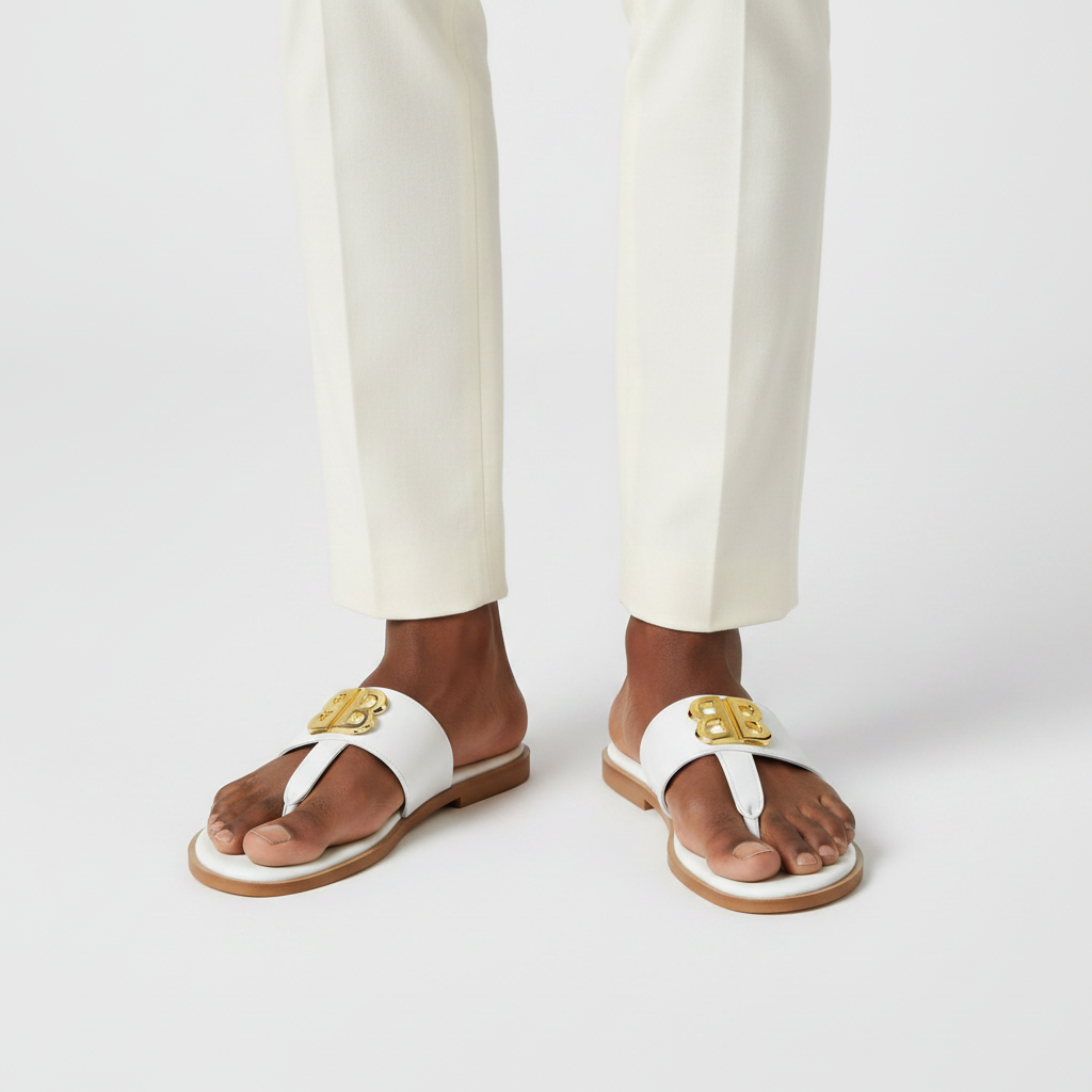 Close-up leg focus showing both men's white leather gold emblem thong sandals with cream trouser hem