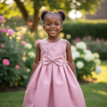 Girls Rose Satin Bow Party Dress - Model Shot