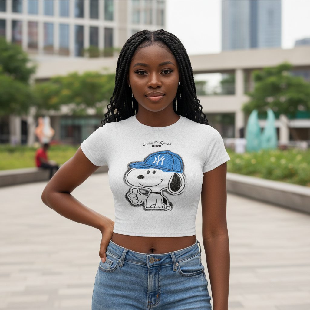 Young Nigerian female model wearing Snoopy Star fitted crop tee