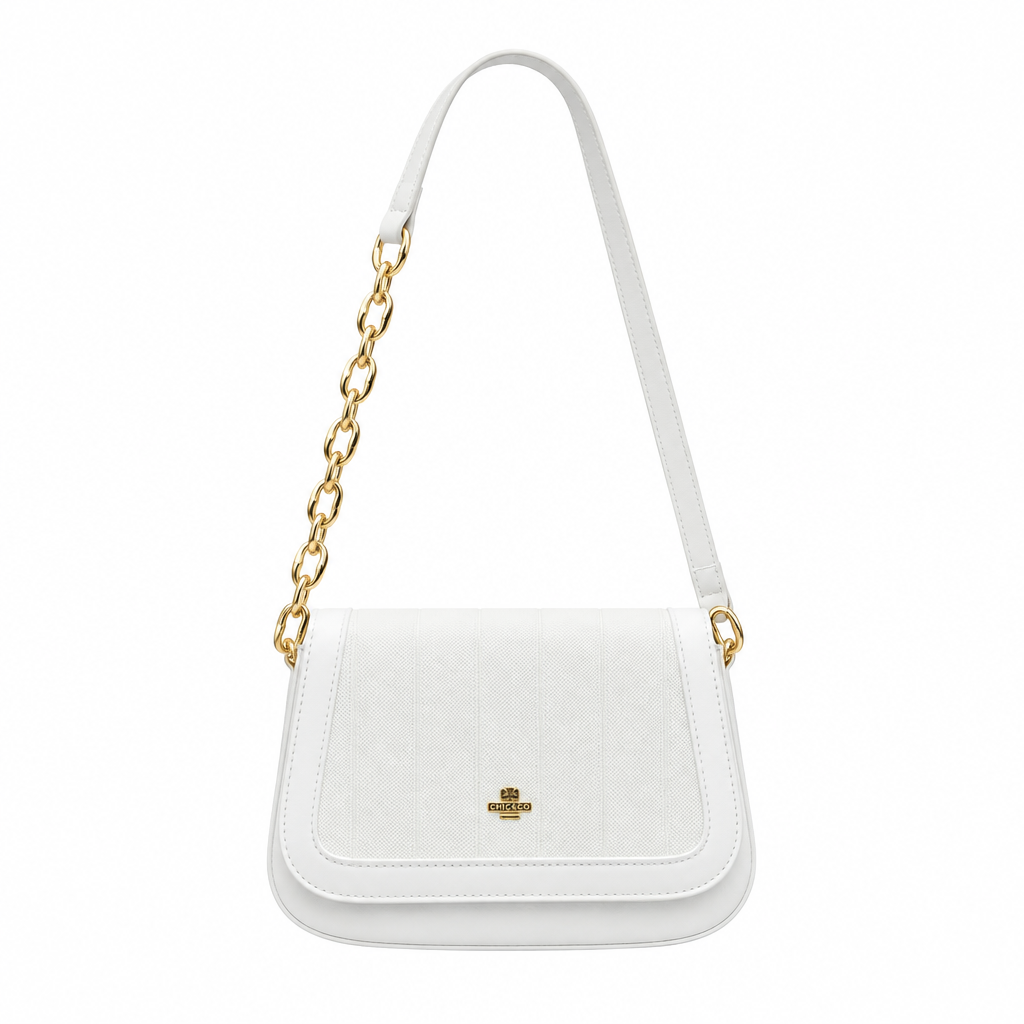 White textured flap shoulder bag with gold-tone chain strap detail