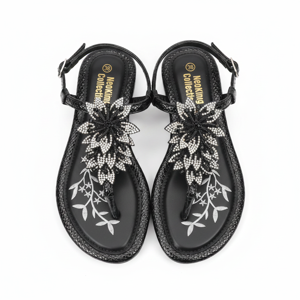 NeoKing Collections Black Crystal Flat Sandals – Catalog Shot