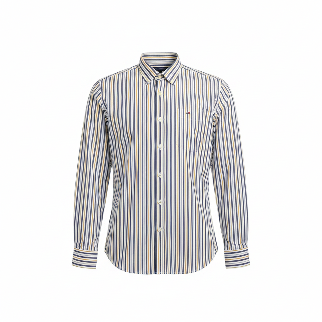 White Navy Yellow Striped Long-Sleeved Shirt - Ghost Mannequin
