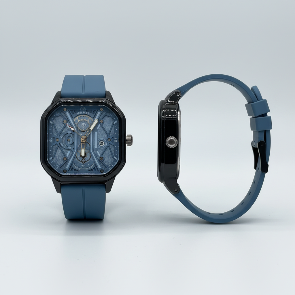 Blue strap black square skeleton-style wristwatch shown from the front and side