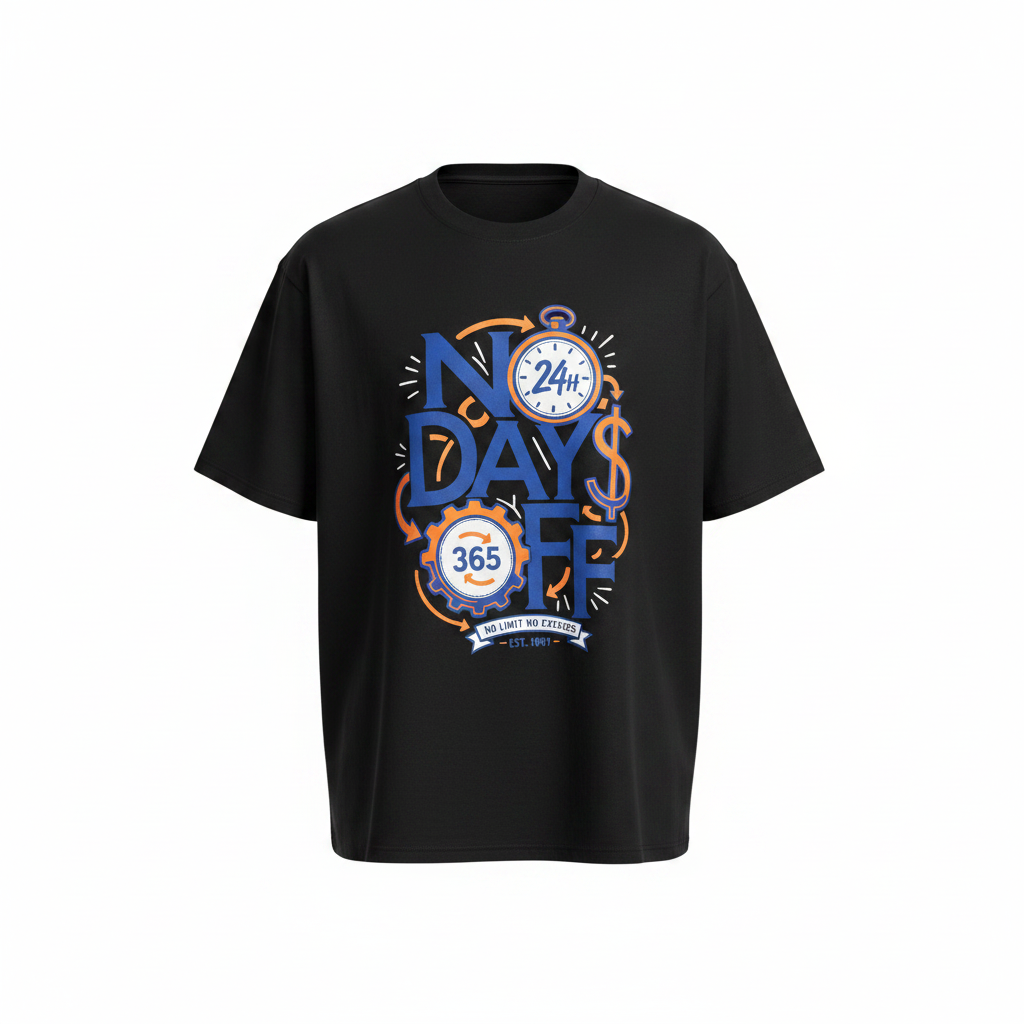 Unisex black no days off motivational graphic oversized tee – ghost mannequin front view