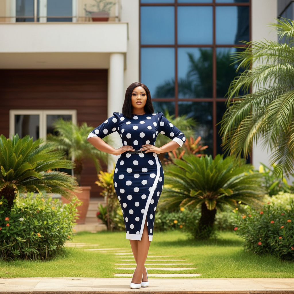 Nigerian female model wearing Women's Navy Blue Polka Dot 3/4 Sleeve Bodycon Midi Dress