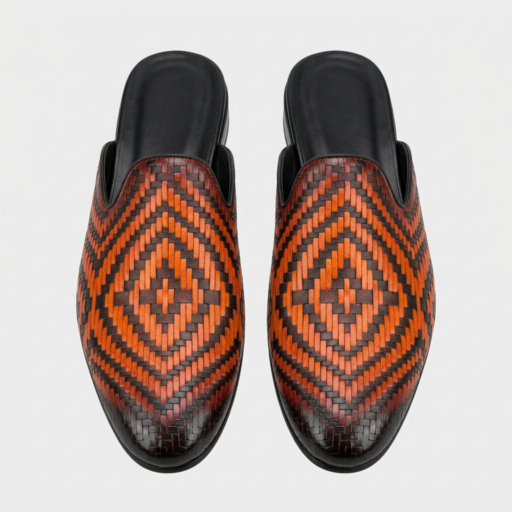 Men's orange woven-textured backless mules with heel, front view