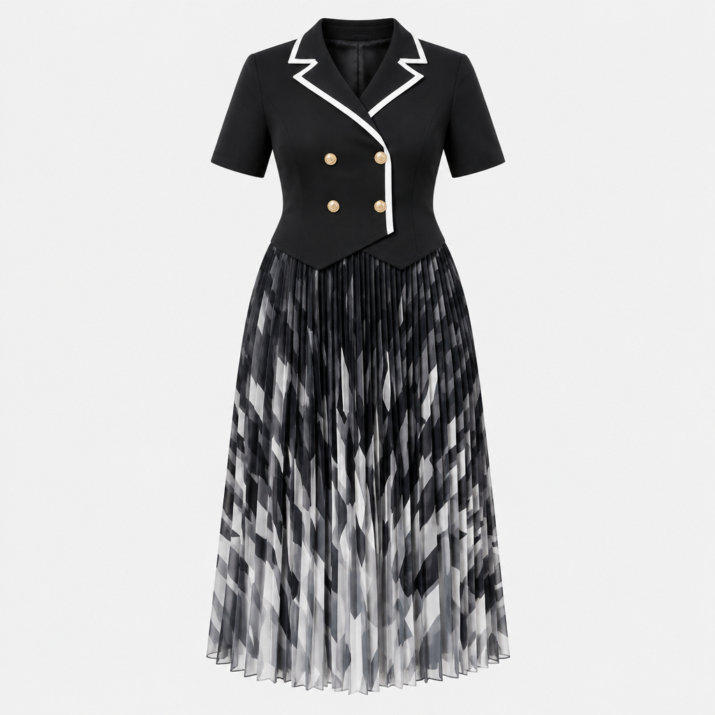 Ghost mannequin view of a black contrast-trim gown with a geometric pleated skirt