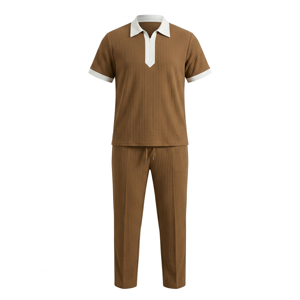 Brown textured contrast-trim polo and trouser set on white background