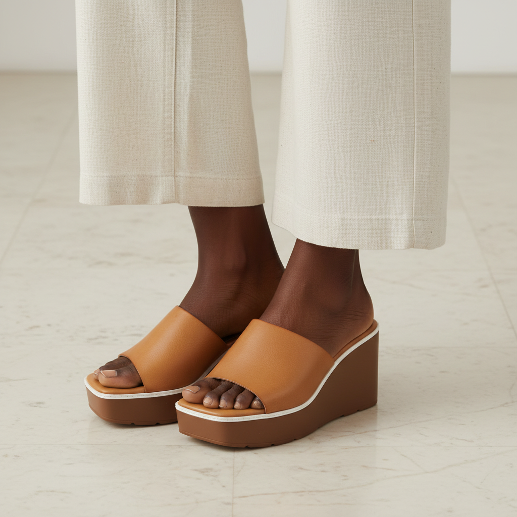 Women's Plain Block Heel Platform Mule - Brown Model Editorial Leg Zoom
