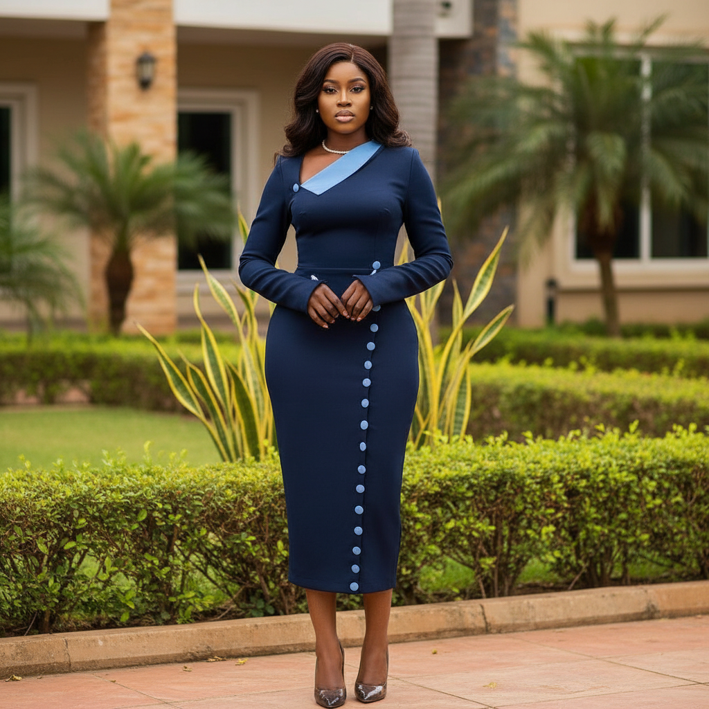 Women's Navy Blue Lapel-Collar Button-Front Midi Dress – Nigerian Female Model