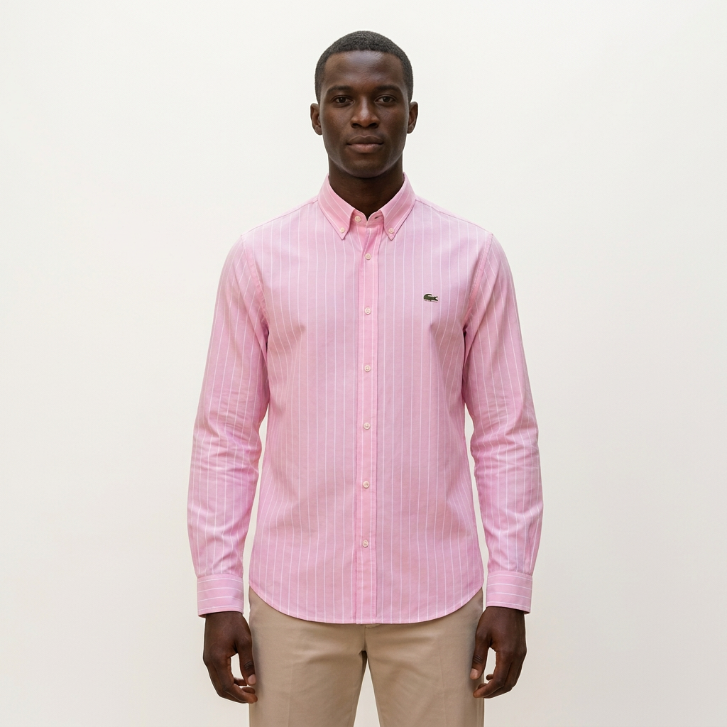 Male model wearing a pink pinstripe long-sleeve shirt against a plain off-white background