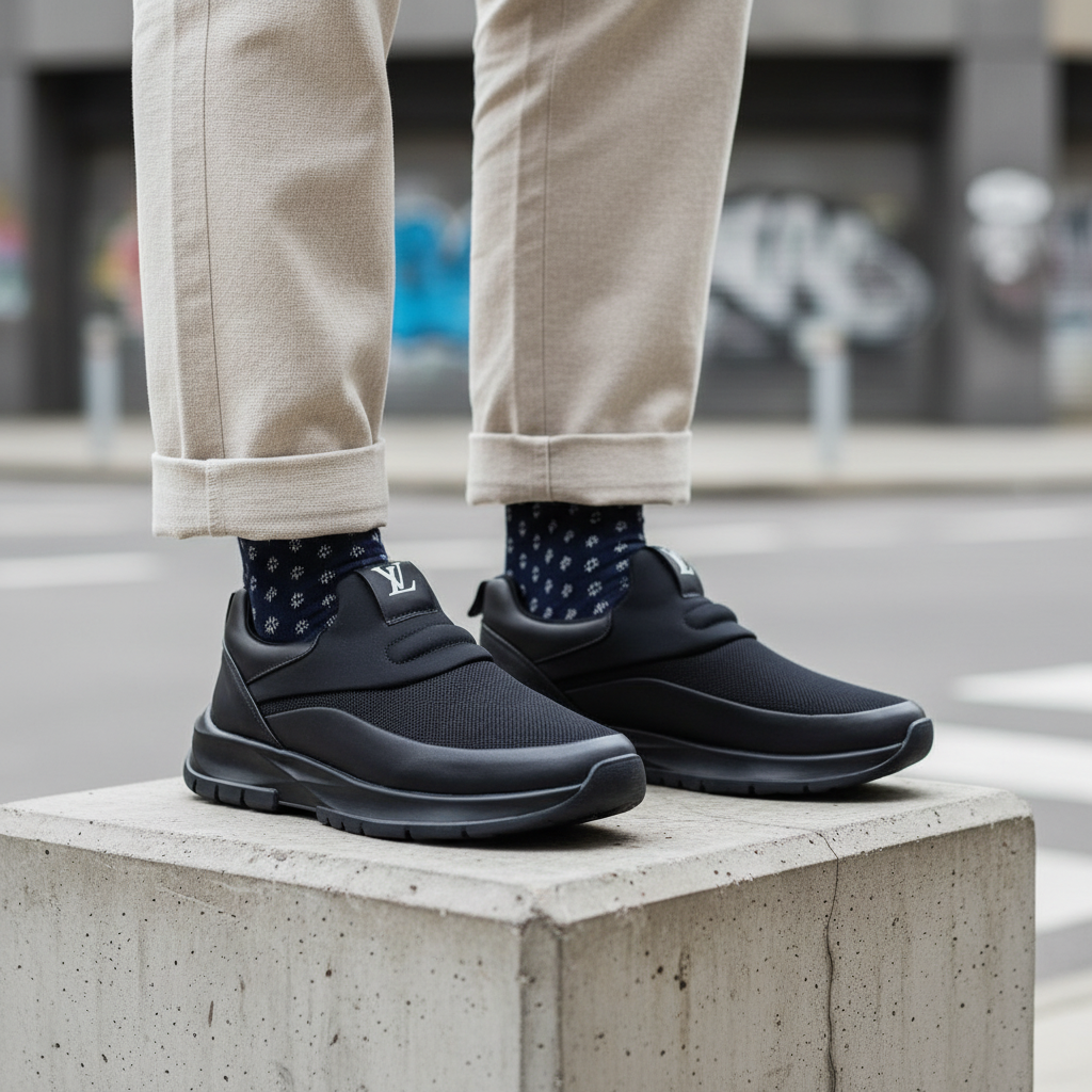 Model wearing dark navy mesh and leather slip-on sneakers leg shot