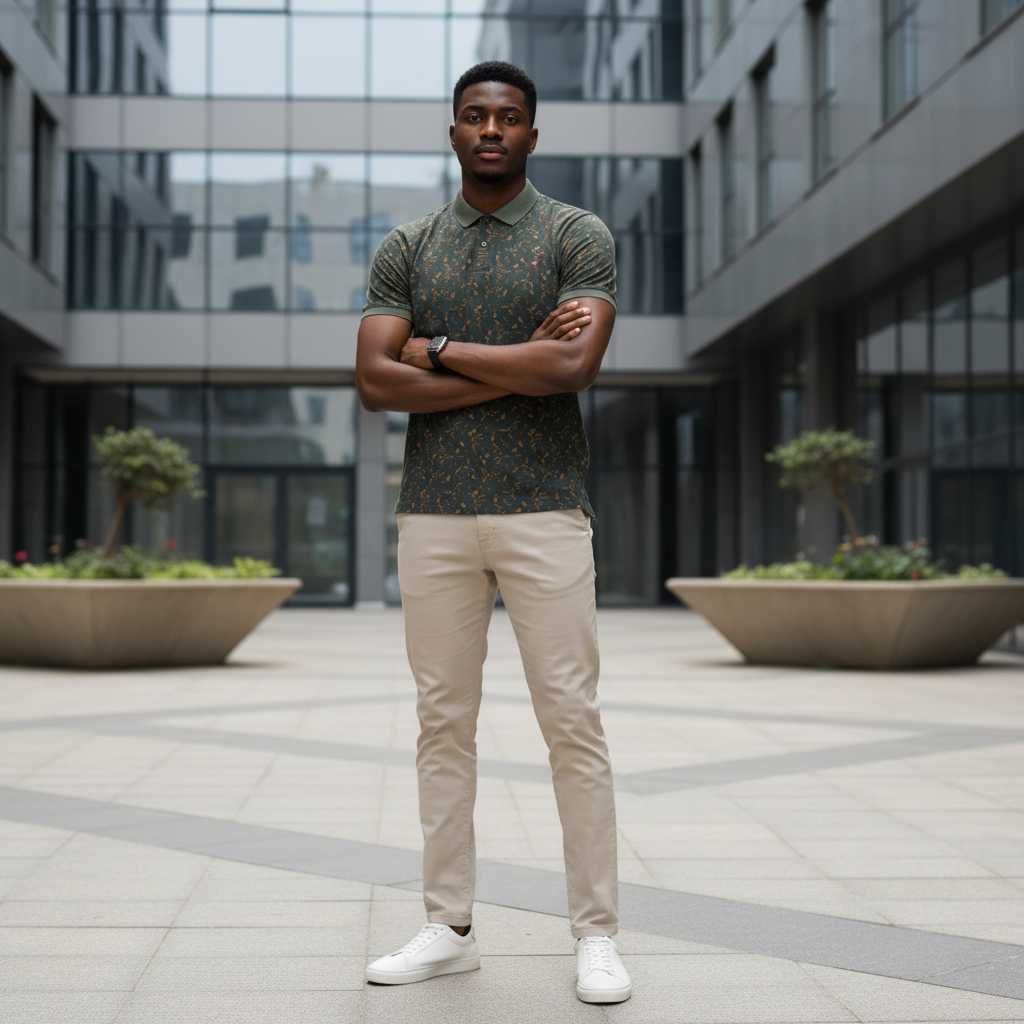 Young Nigerian male model wearing an olive leaf print polo shirt in a modern urban setting
