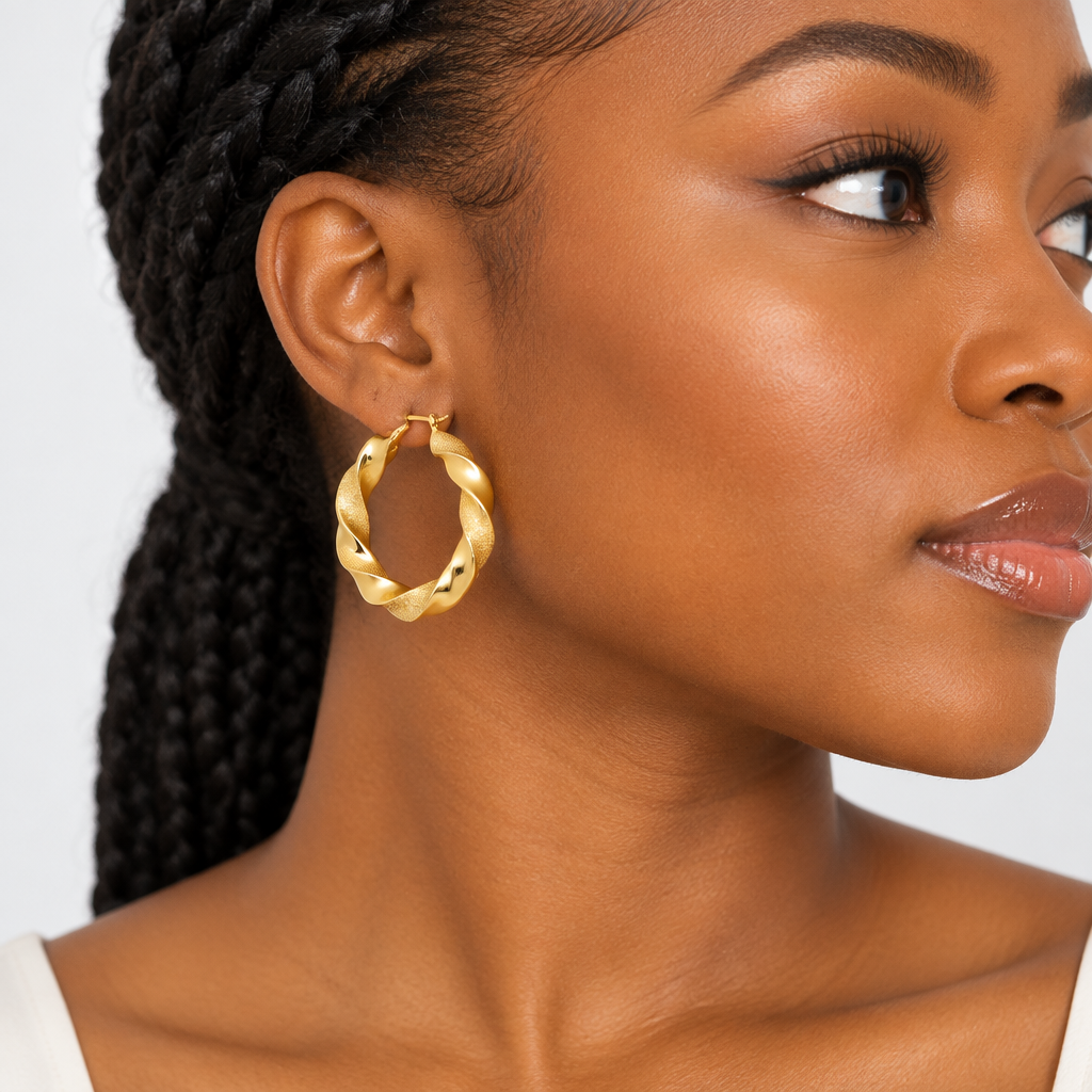 Gold Twisted Hoop Earrings – Model Shot