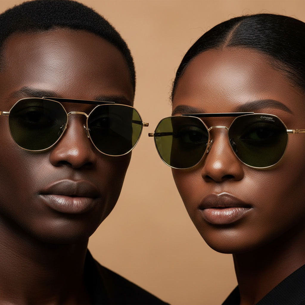 Nigerian male and female models wearing round aviator sunglasses with dark green olive lens gold frame and black temple