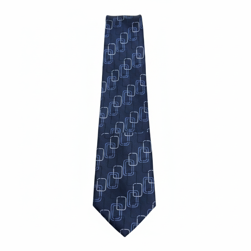 Men's navy blue chain-link geometric necktie flat lay ghost mannequin view