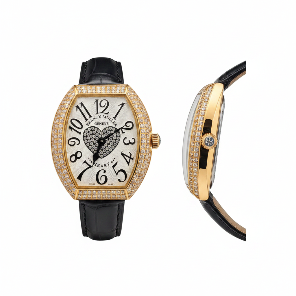Women's gold full diamond bezel crystal heart dial tonneau watch — ghost mannequin front and side view, black leather strap