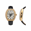 Women's gold full diamond bezel crystal heart dial tonneau watch — ghost mannequin front and side view, black leather strap