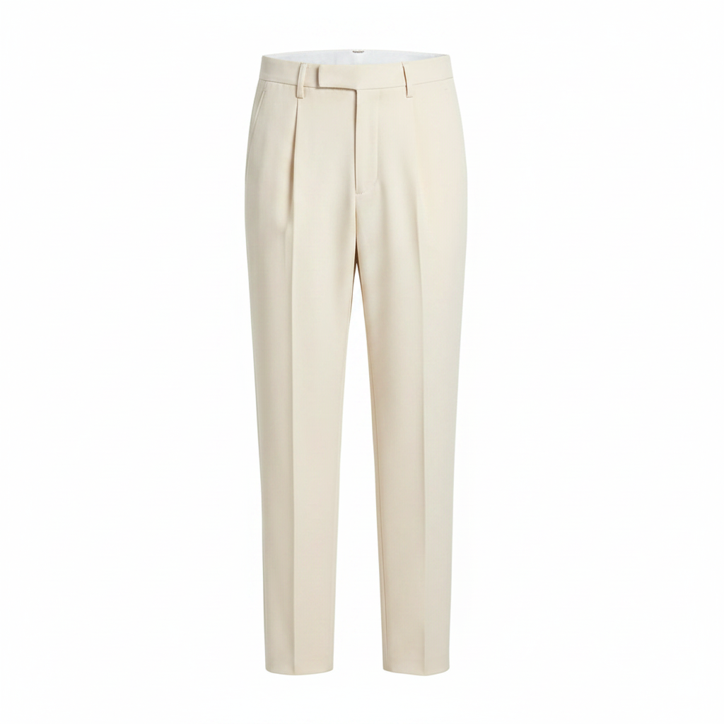 Cream Pleated Tapered Trousers - Ghost Mannequin Front