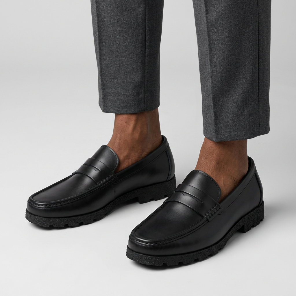 Male model wearing black penny loafers matching the original and ghost design, both shoes visible