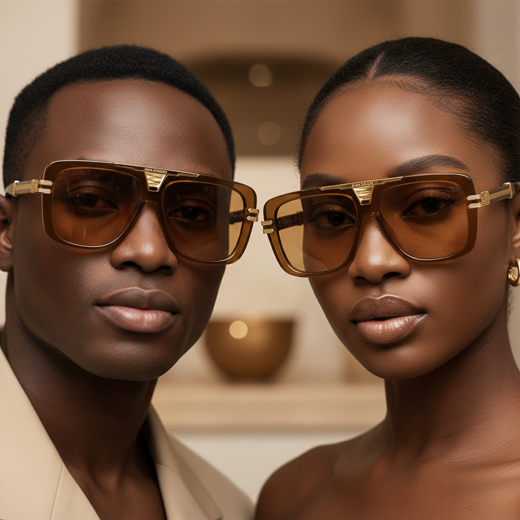 Nigerian male and female models wearing oversized square flat-top sunglasses translucent amber gold frame honey lens gold bar bridge hardware