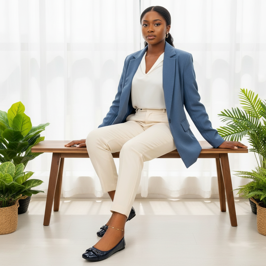 Nigerian female model seated wearing navy croc-embossed patent ballet flats with double-bar buckle detail