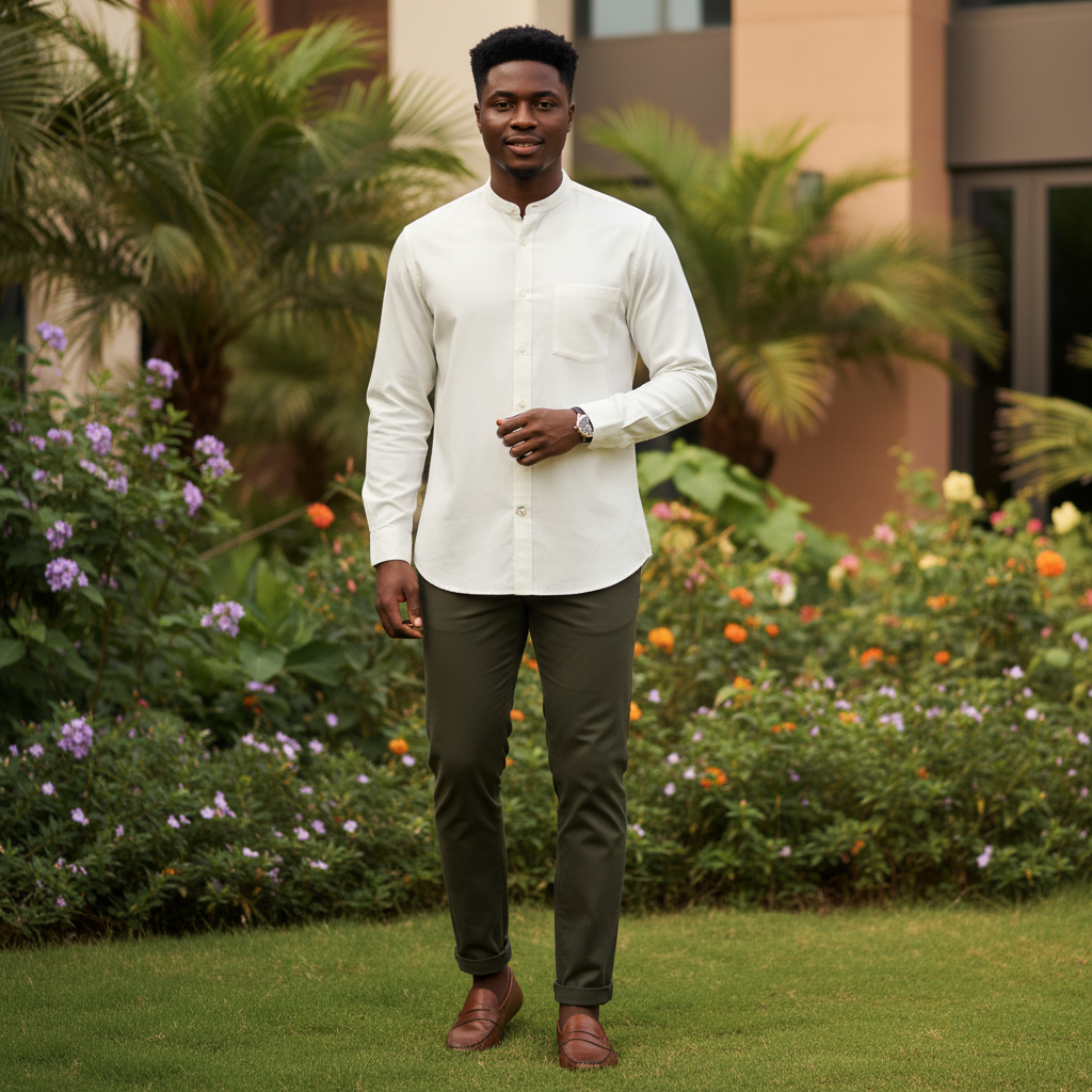 Young Nigerian male wearing clean off-white cream mandarin collar plain long sleeve shirt