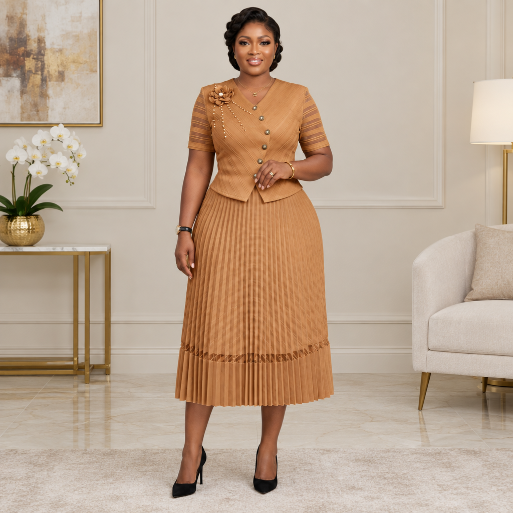 Adult Black woman wearing a tan floral-detail pleated dress