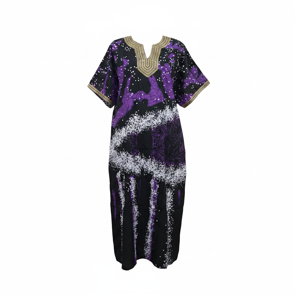 Ghost mannequin – Bose Ventures Black & Purple Speckle Print Gold-Trim Boubou