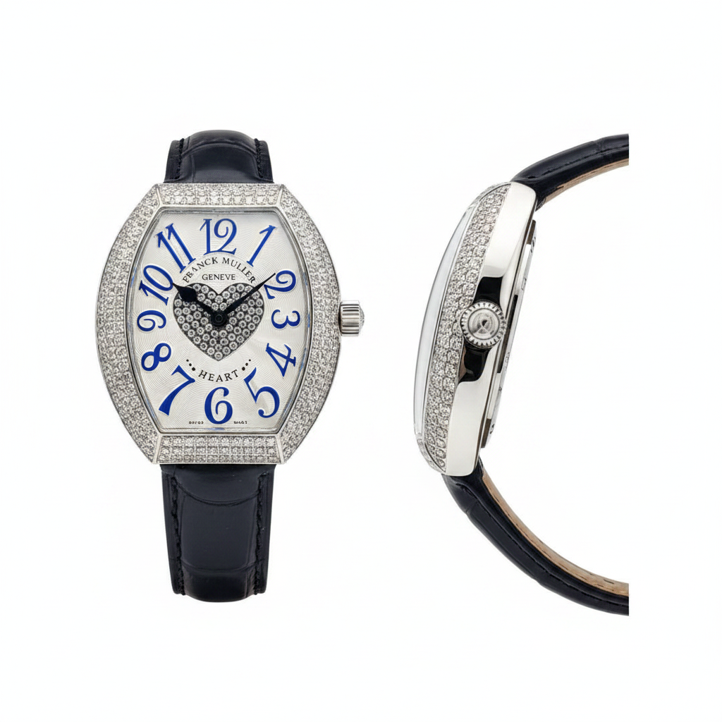 Women's silver full diamond bezel blue numeral crystal heart dial tonneau watch — ghost mannequin front and side view, navy leather strap