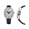 Women's silver full diamond bezel blue numeral crystal heart dial tonneau watch — ghost mannequin front and side view, navy leather strap
