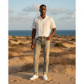 Nigerian model wearing Sandy Beige Acid Wash Slim Jeans