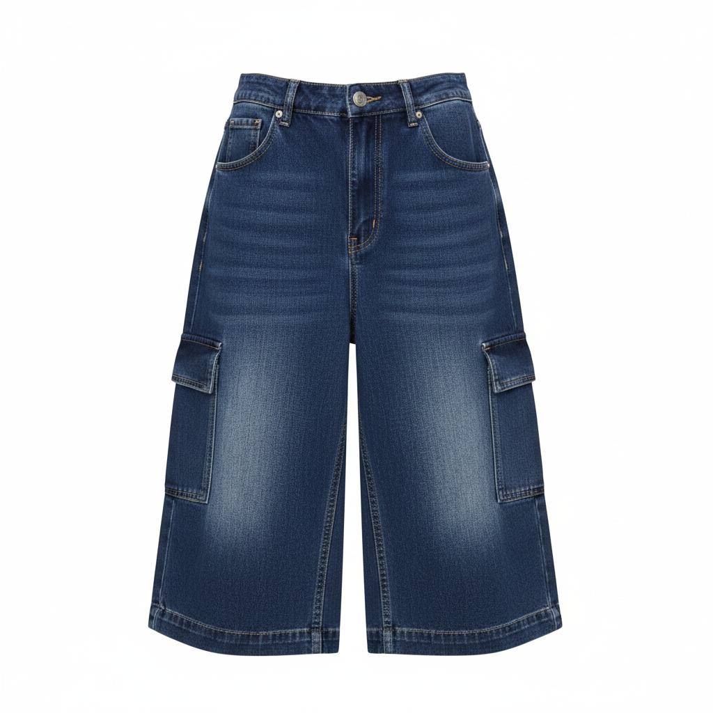 Navy Blue Cargo Denim Shorts - Ghost Mannequin Front