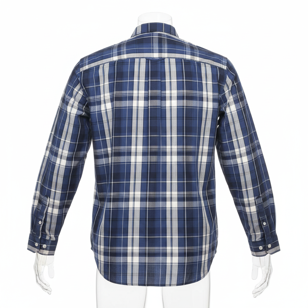 Navy blue grey plaid long-sleeved shirt ghost mannequin back view