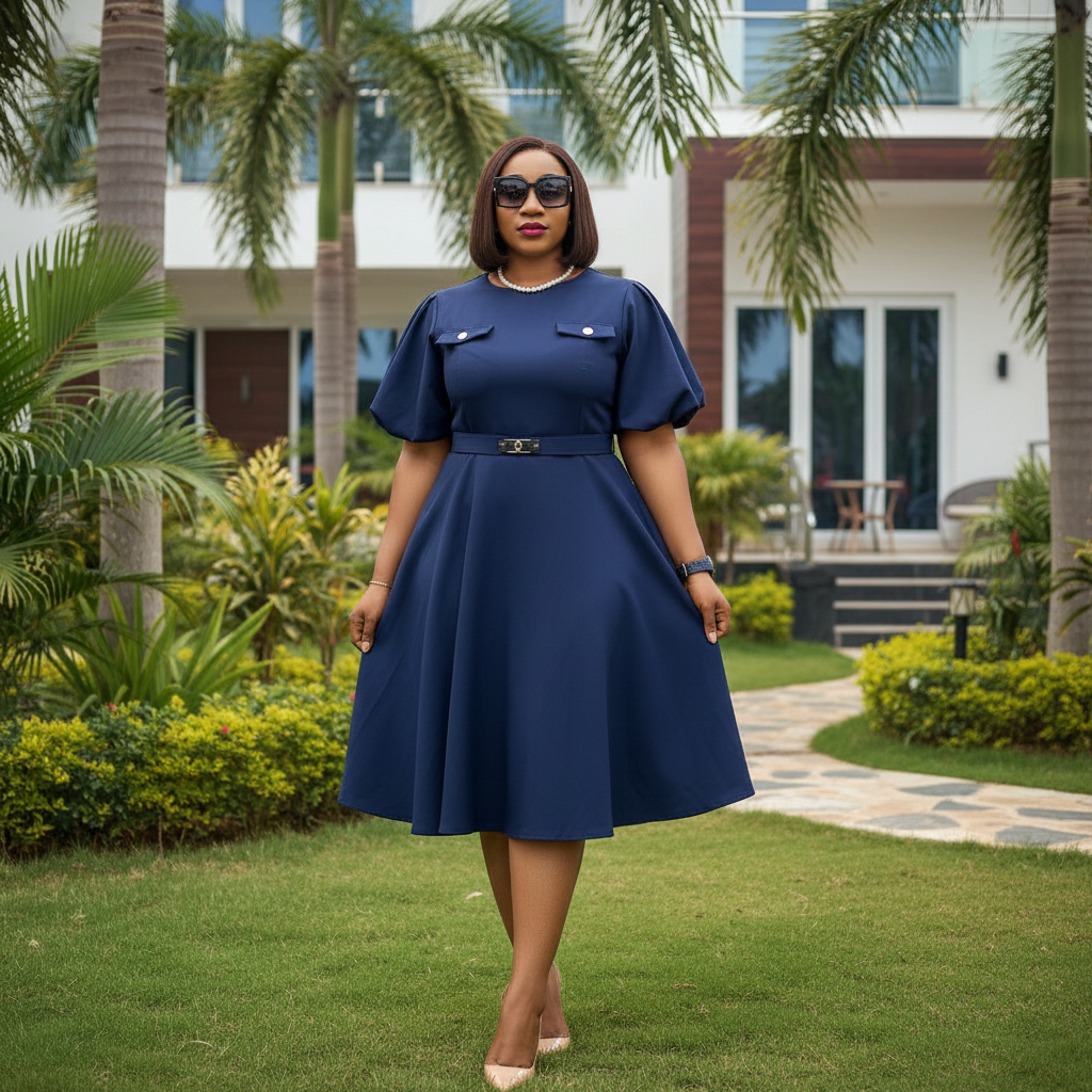 Women's Navy Blue Puff Sleeve A-Line Belted Midi Dress – Nigerian Female Model Shot