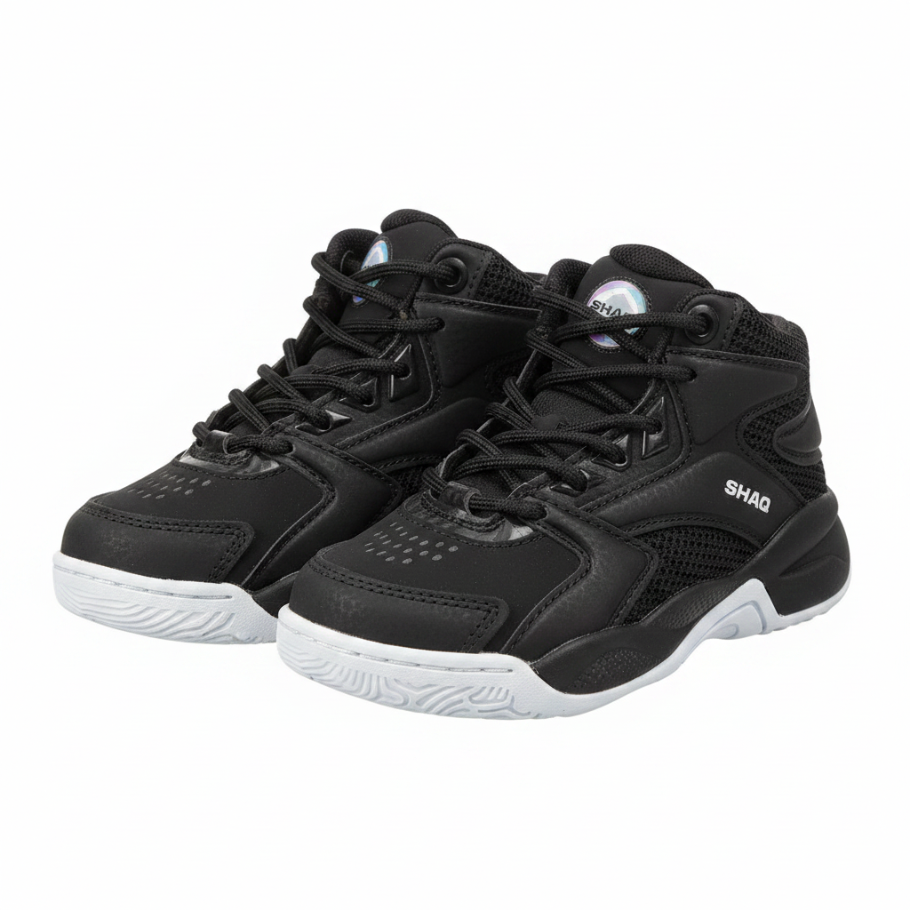 Kids' black high-top chunky mesh sneakers ghost mannequin view