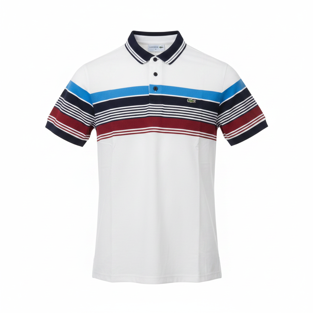 Men's white polo shirt with multicolour chest stripe panel, ghost mannequin front view