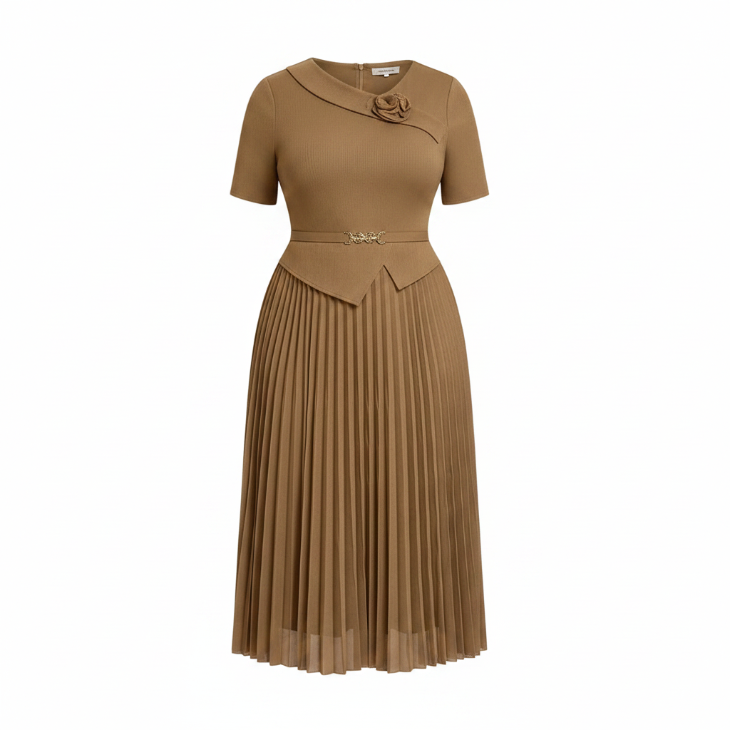 Women's khaki camel corsage belted pleated midi gown ghost mannequin view on white background