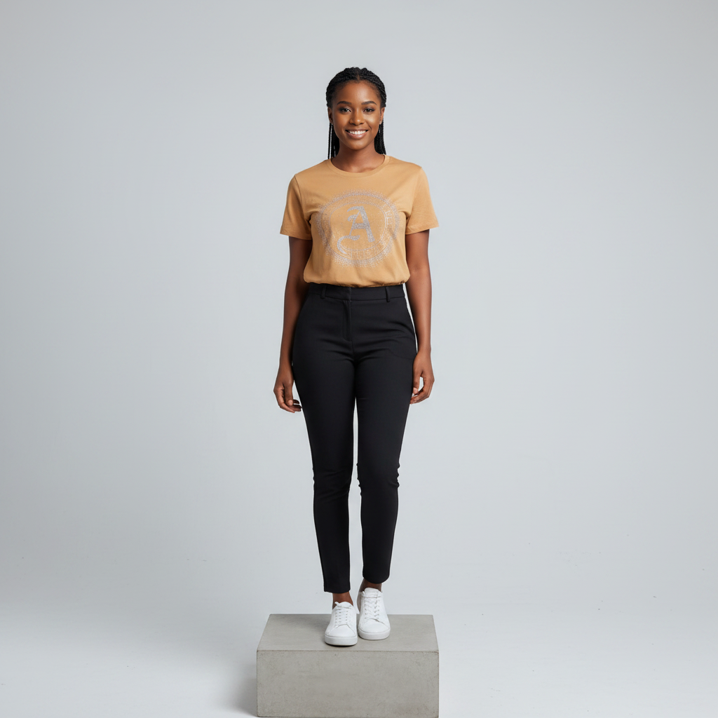 Nigerian female model front view wearing camel rhinestone circular monogram badge T-shirt