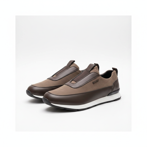 Men's brown taupe leather slip-on sneakers pair product shot