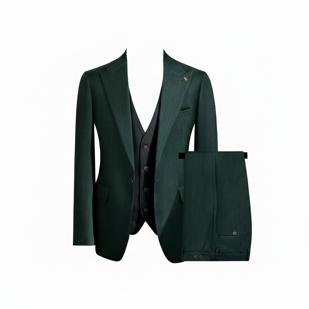 Dark green 3-piece suit ghost mannequin view